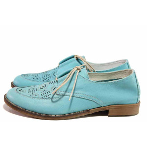 Светлосини дамски обувки с равна подметка, естествена кожа перфорирана - всекидневни обувки за пролетта и лятото N 100016344