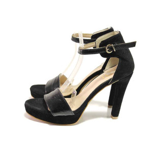 Черни дамски сандали, естествен велур с лачена кожа - ежедневни обувки за пролетта и лятото N 100016227