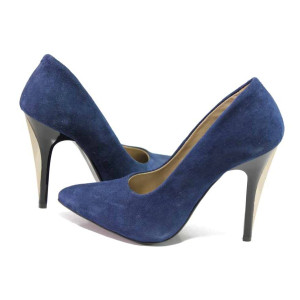 Сини дамски обувки с висок ток, естествен велур - елегантни обувки за пролетта и лятото N 100016285