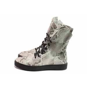 Сиви дамски боти, естествена кожа с крокодилска шарка - всекидневни обувки за пролетта и лятото N 100016188