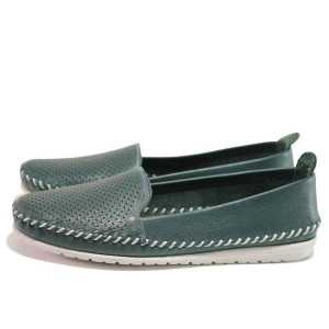 Зелени анатомични дамски обувки с равна подметка, естествена кожа перфорирана - ежедневни обувки за пролетта и лятото N 100016296