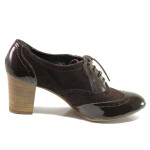 Кафяви дамски обувки с висок ток, естествен велур с лачена кожа - ежедневни обувки за пролетта и лятото N 100016293