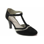 Черни дамски обувки с висок ток, естествен велур - ежедневни обувки за пролетта и лятото N 100016281