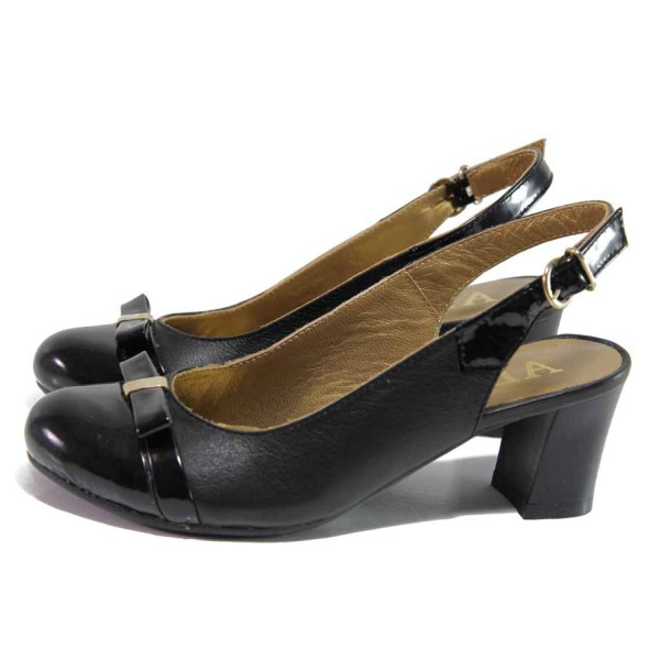 Черни дамски обувки със среден ток, естествена кожа и лачена естествена кожа  - официални обувки за пролетта и лятото N 100016158