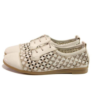 Бежови дамски обувки с равна подметка, естествена кожа - ежедневни обувки за пролетта и лятото N 100016174