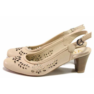 Бежови дамски обувки с висок ток, естествена кожа перфорирана - официални обувки за пролетта и лятото N 100016361