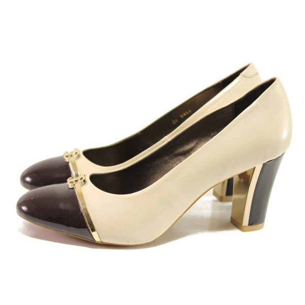 Бежови дамски обувки с висок ток, естествена кожа и лачена естествена кожа  - ежедневни обувки за пролетта и лятото N 100016369