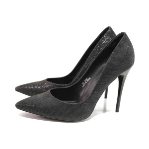 Черни дамски обувки с висок ток, текстилна материя - официални обувки за целогодишно ползване N 100016385