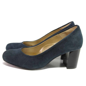 Тъмносини дамски обувки със среден ток, естествен велур - всекидневни обувки за пролетта и лятото N 100016374