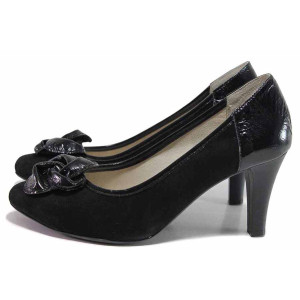 Черни дамски обувки с висок ток, естествен велур с лачена кожа - елегантни обувки за целогодишно ползване N 100016417