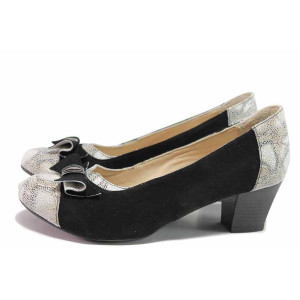 Черни дамски обувки със среден ток, естествен велур - официални обувки за целогодишно ползване N 100016418