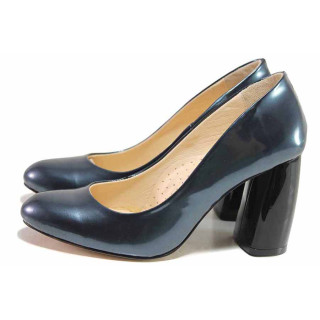 Сини анатомични дамски обувки с висок ток, лачена естествена кожа - елегантни обувки за целогодишно ползване N 100016419
