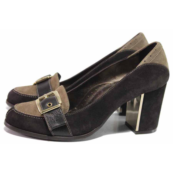 Кафяви дамски обувки с висок ток, естествен велур - всекидневни обувки за целогодишно ползване N 100016420