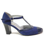 Сини дамски обувки с висок ток, естествен велур с лачена кожа - елегантни обувки за целогодишно ползване N 100016424