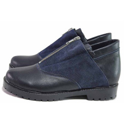 Сини анатомични дамски обувки с равна подметка, естествена кожа и естествена велурена кожа - ежедневни обувки за есента и зимата N 100016487