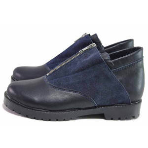 Сини анатомични дамски обувки с равна подметка, естествена кожа и естествена велурена кожа - ежедневни обувки за есента и зимата N 100016487