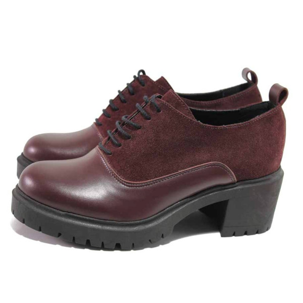 Винени дамски обувки със среден ток, естествена кожа и естествена велурена кожа - ежедневни обувки за есента и зимата N 100016639