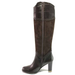 Кафяви дамски ботуши, естествена кожа и естествена велурена кожа - официални обувки за есента и зимата N 100016650