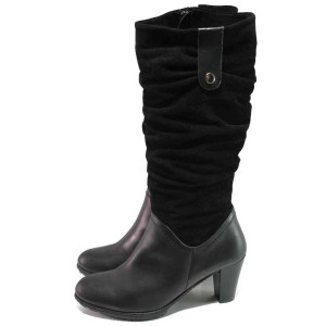 Черни дамски ботуши, естествена кожа и естествена велурена кожа - всекидневни обувки за есента и зимата N 100016649