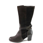 Тъмнокафяви дамски ботуши, естествена кожа и естествена велурена кожа - ежедневни обувки за есента и зимата N 100016657