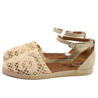 Бежови дамски сандали, естествена кожа и текстилна материя - всекидневни обувки за пролетта и лятото N 100016688