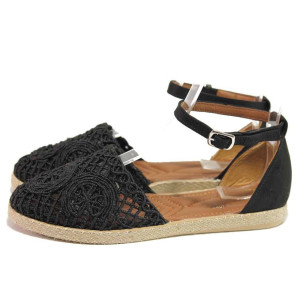 Черни дамски сандали, естествена кожа и текстилна материя - ежедневни обувки за пролетта и лятото N 100016687