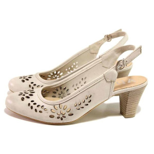 Светлобежови дамски обувки с висок ток, естествена кожа перфорирана - ежедневни обувки за пролетта и лятото N 100016708
