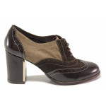 Кафяви дамски обувки с висок ток, естествен велур с лачена кожа - ежедневни обувки за пролетта и лятото N 100016736