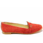Червени дамски обувки с равна подметка, естествен велур - всекидневни обувки за пролетта и лятото N 100016731
