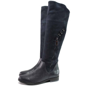 Тъмносини дамски ботуши, естествена кожа и естествена велурена кожа - ежедневни обувки за есента и зимата N 100016767