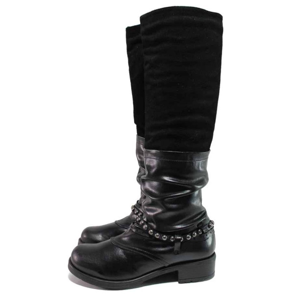 Черни дамски ботуши, естествена кожа и естествена велурена кожа - ежедневни обувки за есента и зимата N 100016772