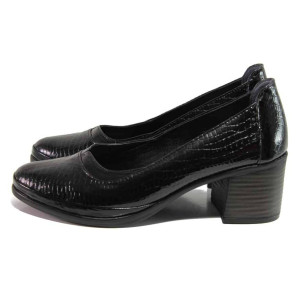 Черни анатомични дамски обувки със среден ток, лачена естествена кожа - ежедневни обувки за есента и зимата N 100016943