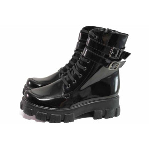 Черни дамски боти, лачена еко кожа - всекидневни обувки за есента и зимата N 100016986