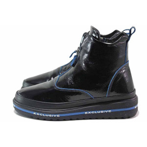 Тъмносини дамски боти, лачена естествена кожа - ежедневни обувки за есента и зимата N 100017195