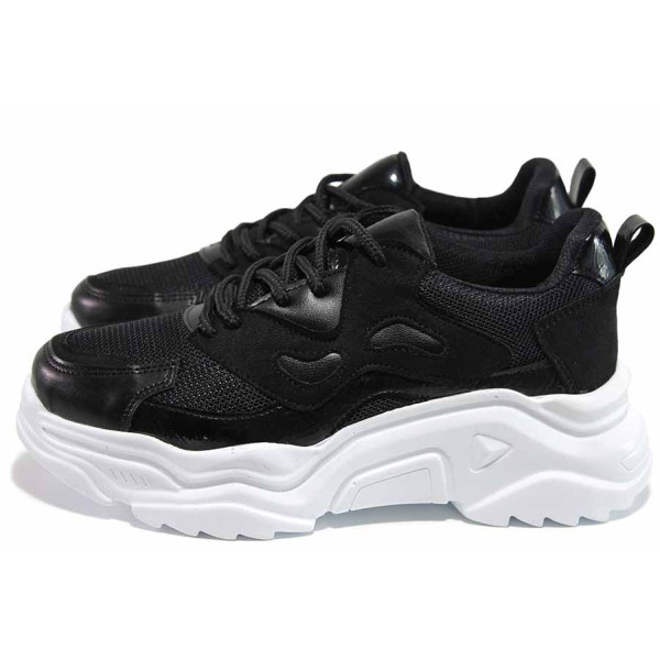 Черни спортни дамски обувки, еко-кожа и текстилна материя - спортни обувки за пролетта и лятото N 100015338