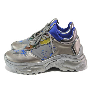 Сиви спортни дамски обувки, еко-кожа и текстилна материя - спортни обувки за пролетта и лятото N 100015345