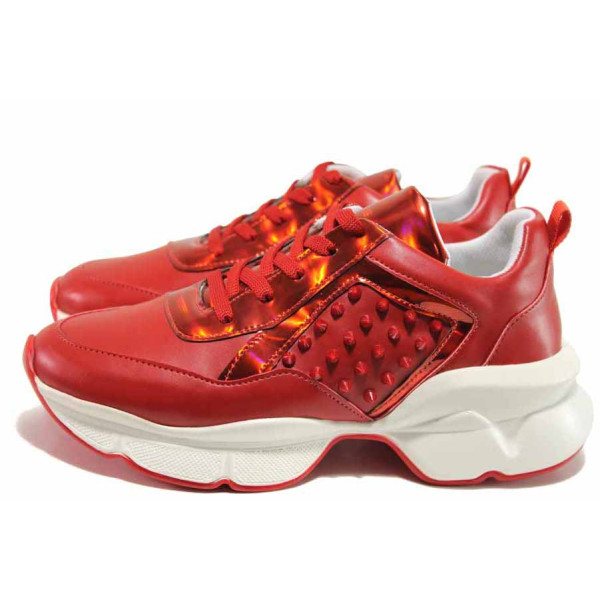 Червени спортни дамски обувки, здрава еко-кожа - спортни обувки за пролетта и лятото N 100015344