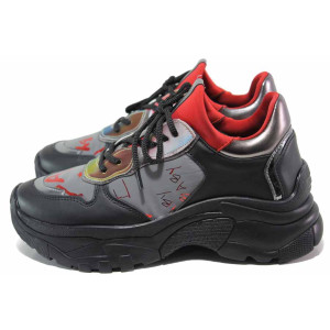 Черни спортни дамски обувки, еко-кожа и текстилна материя - спортни обувки за пролетта и лятото N 100015346