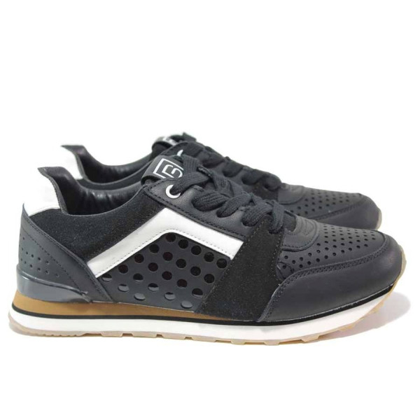 Черни дамски маратонки, здрава еко-кожа - спортни обувки за пролетта и лятото N 100015439