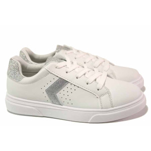 Бели дамски маратонки, здрава еко-кожа - спортни обувки за есента и зимата N 100017010