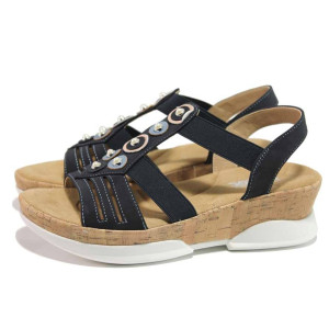 Тъмносини дамски сандали, еко-кожа и текстилна материя - ежедневни обувки за пролетта и лятото N 100015634