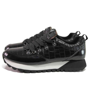 Черни спортни дамски обувки, еко-кожа с крокодилска шарка - спортни обувки за целогодишно ползване N 100017141