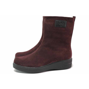 Винени дамски боти, естествен велур - ежедневни обувки за есента и зимата N 100017134