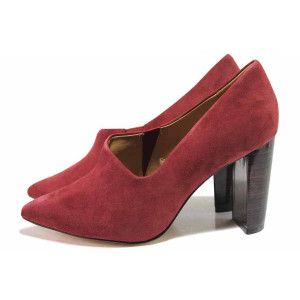 Винени анатомични дамски обувки с висок ток, естествен велур - официални обувки за целогодишно ползване N 100017136