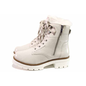 Светлобежови дамски боти, лачена естествена кожа - всекидневни обувки за есента и зимата N 100017272