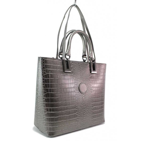 Сива дамска чанта, еко-кожа с крокодилска шарка - удобство и стил за вашето ежедневие N 100018219