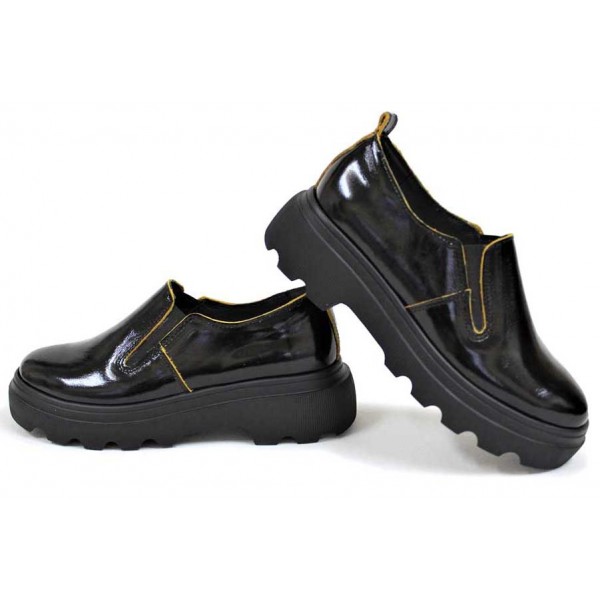 Черни анатомични дамски обувки с платформа, лачена естествена кожа - всекидневни обувки за пролетта и лятото N 100018263