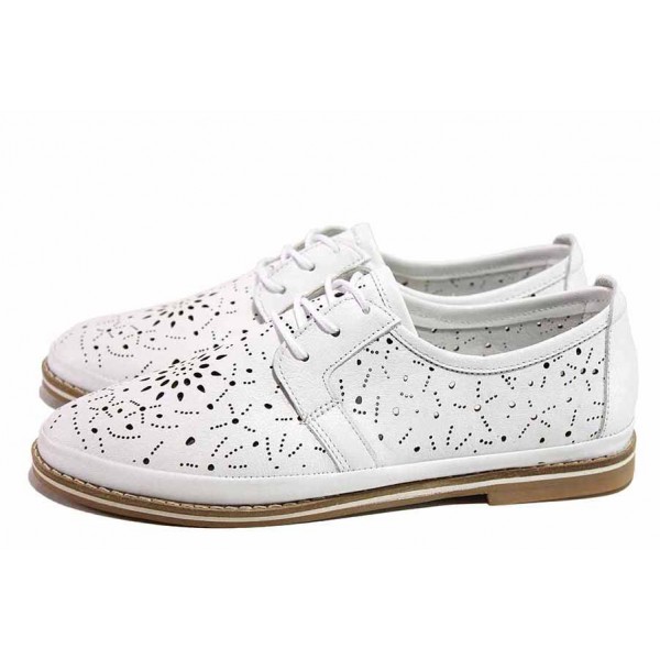 Бели дамски обувки с равна подметка, естествена кожа - всекидневни обувки за пролетта и лятото N 100018092