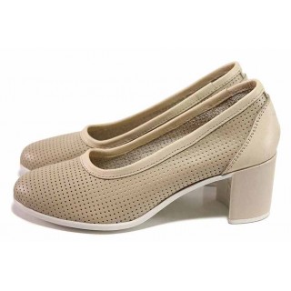 Бежови анатомични дамски обувки със среден ток, естествена кожа - всекидневни обувки за пролетта и лятото N 100018075