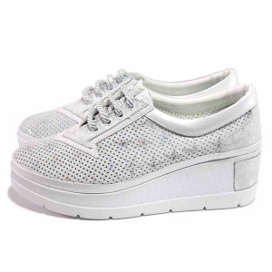 Бели дамски обувки с платформа, естествена кожа перфорирана - всекидневни обувки за пролетта и лятото N 100018097